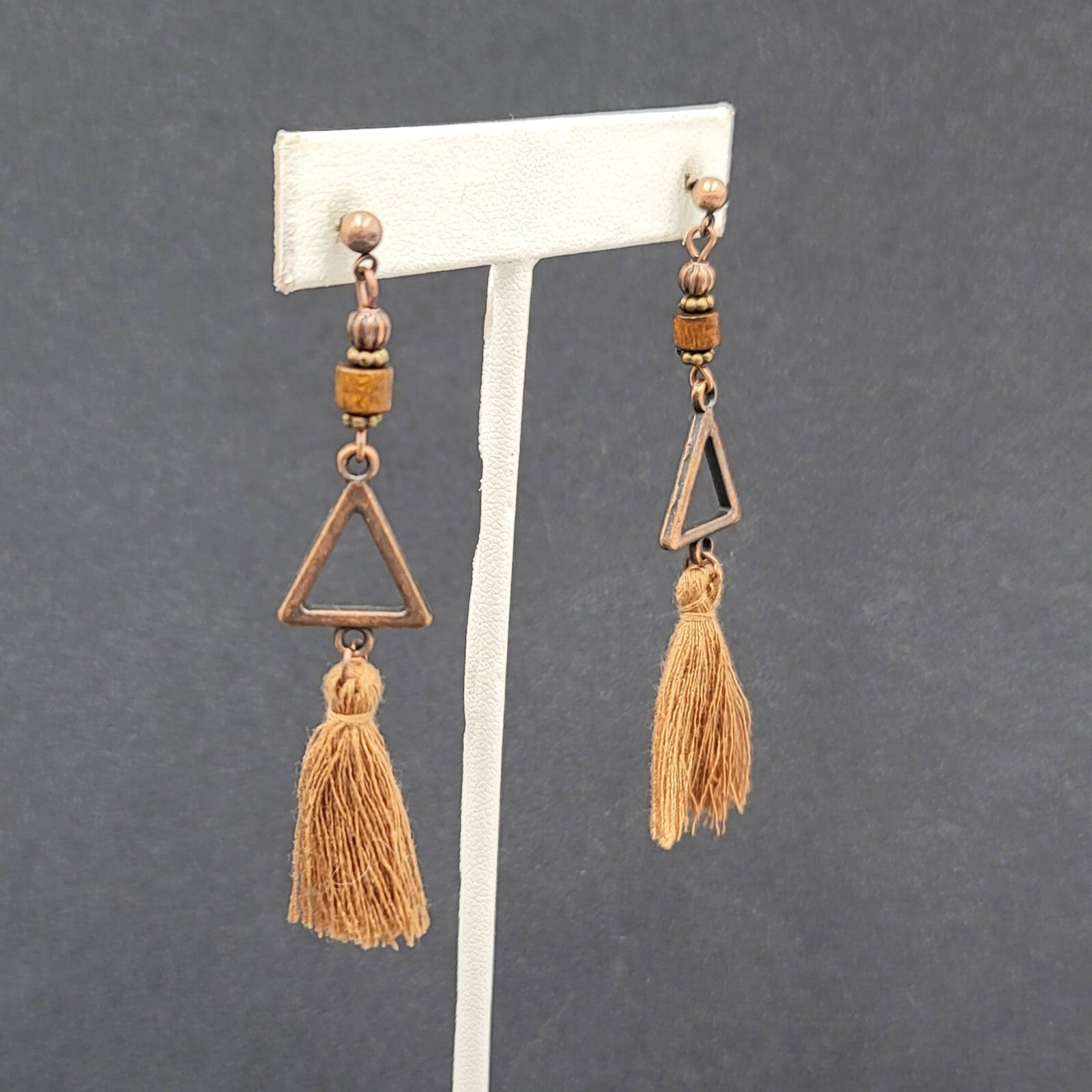 Tassel Pierced Earrings Bronze tone Wood Triangle Dangle 2.75"