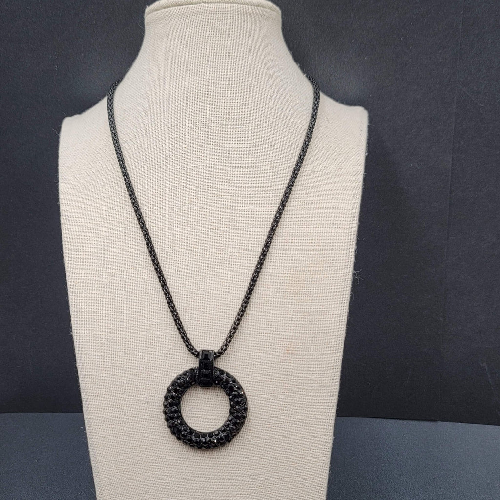 Black Metal Rhinestone Necklace Circle Pendant Icing 18"