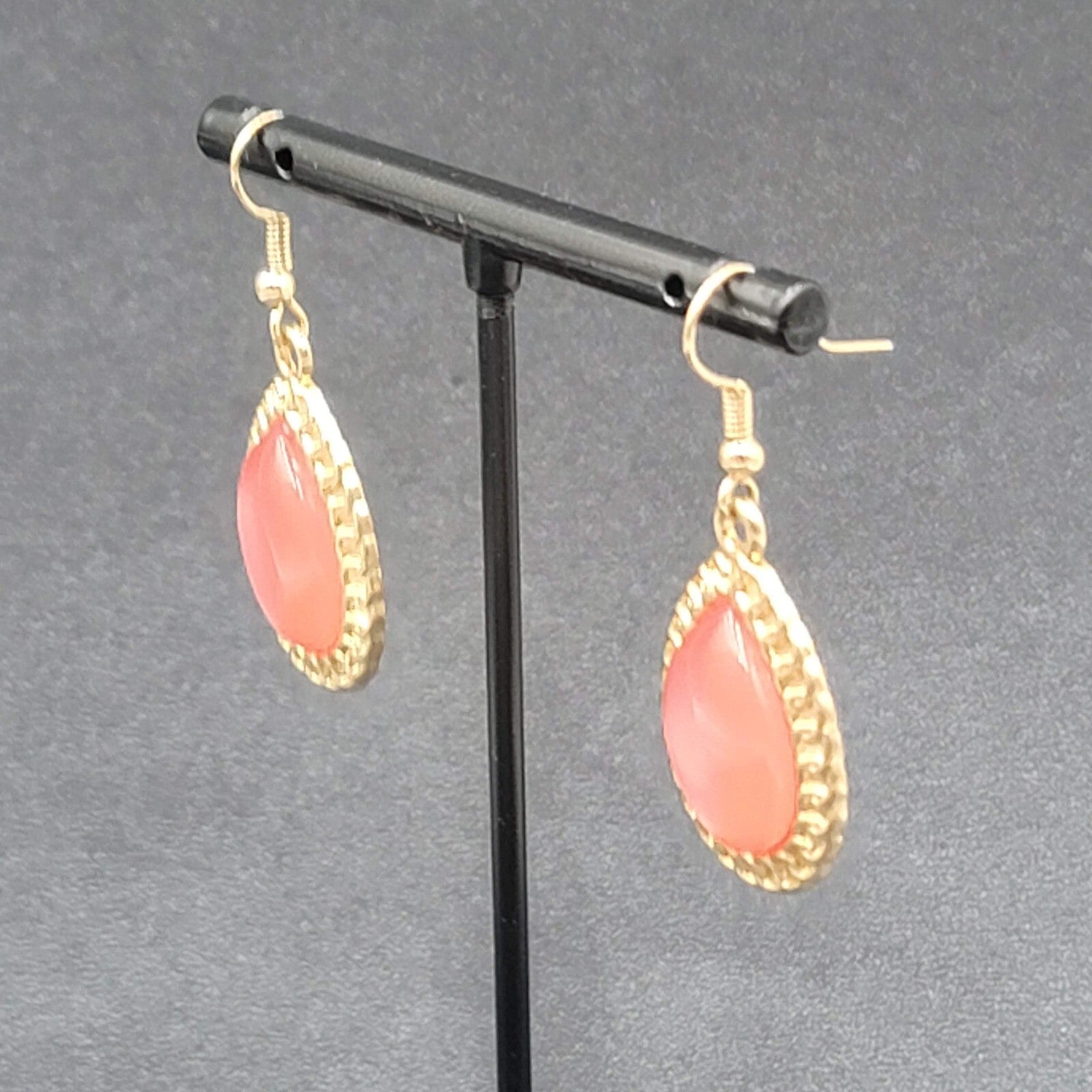 Pierced Earrings Gold tone Pink Translucent Resin Teardrop Dangle 1"