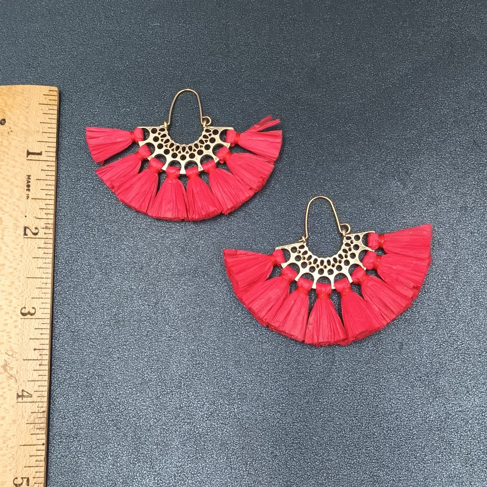 Boho Pierced Earrings Gold tone Red Rattan Tassel 1.25"