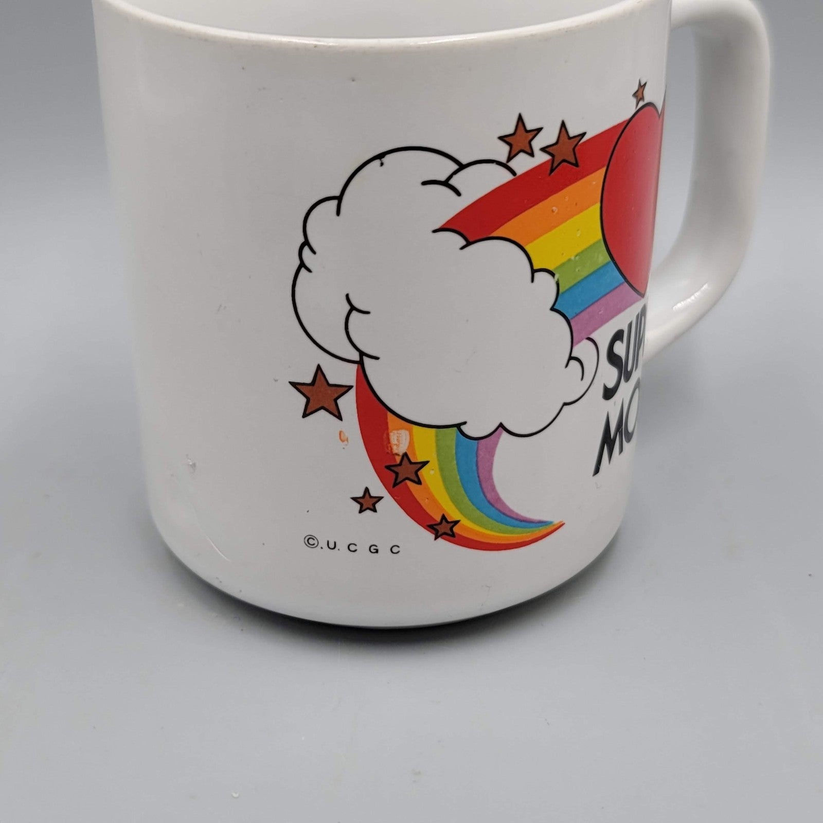 Vintage Super Mom Rainbow Heart Stars Coffee Mug Cup Ceramic White Gift Retro