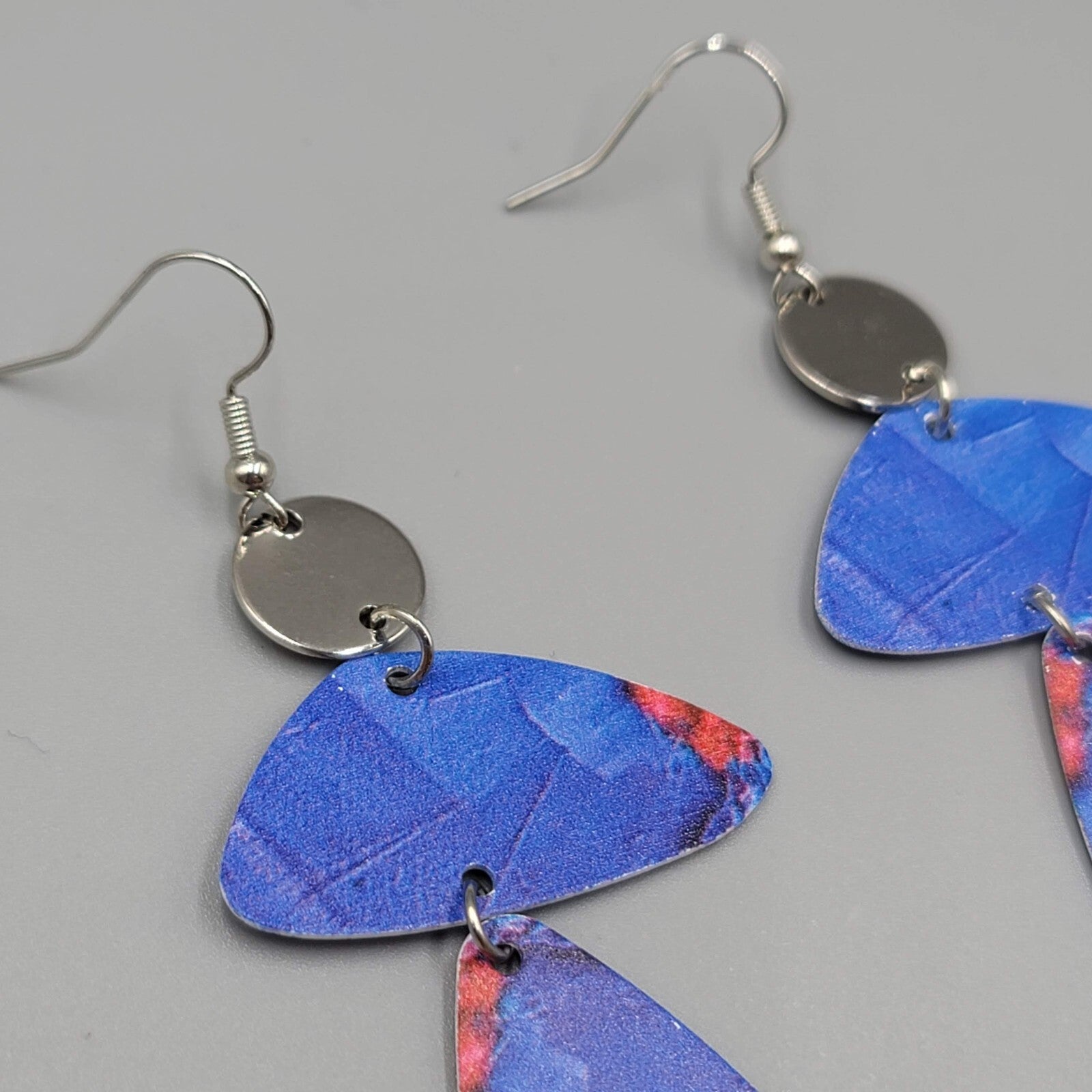 Long Statement Pierced Earrings Silver tone Blue Geometric Statement Dangle 3"