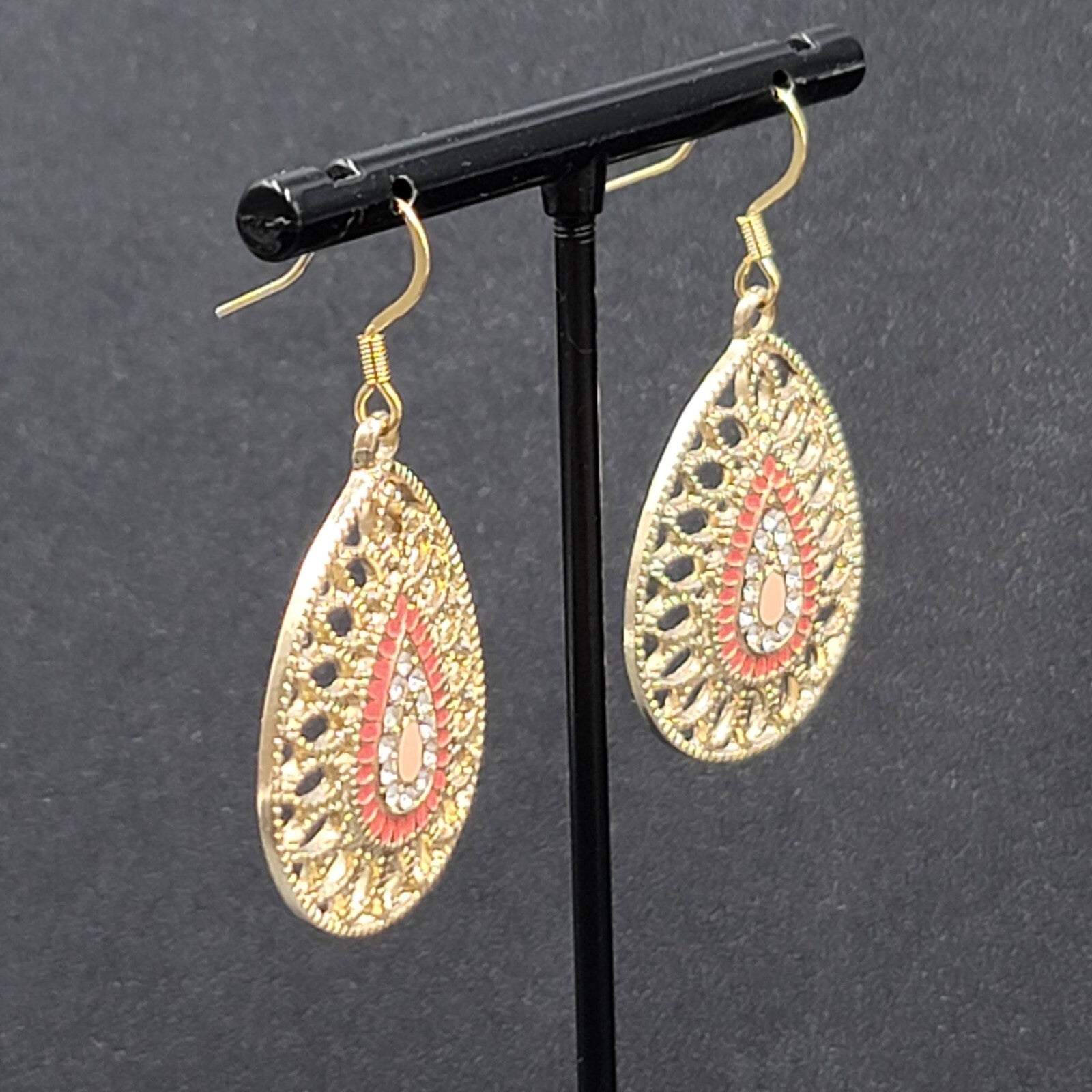 Pierced Earrings Gold tone Teardrop Rhinestone Enamel Dangle 1.25"