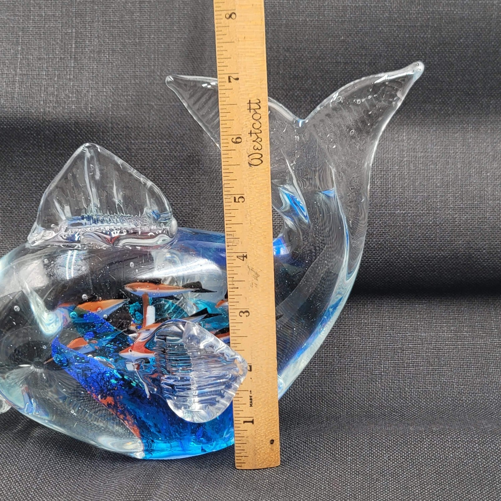 Multicolor Glass Fish Paperweight with Fish Inside Large Heavy 7"