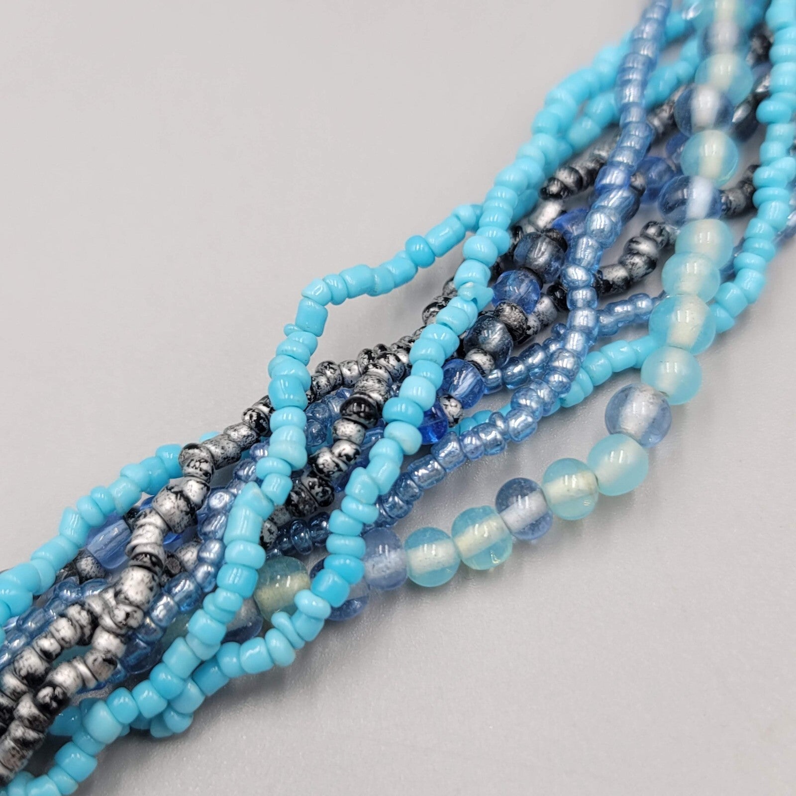 Multi Strand Blue Bead Twist Necklace Layered Silver tone 14"-17"