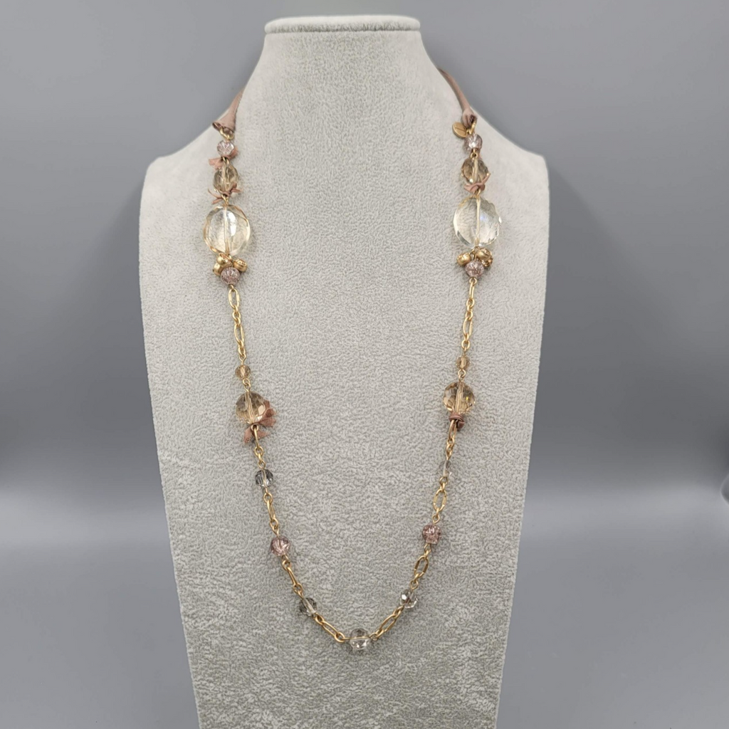 Talbots Necklace Gold tone Beaded Ribbon Closure Adjustable