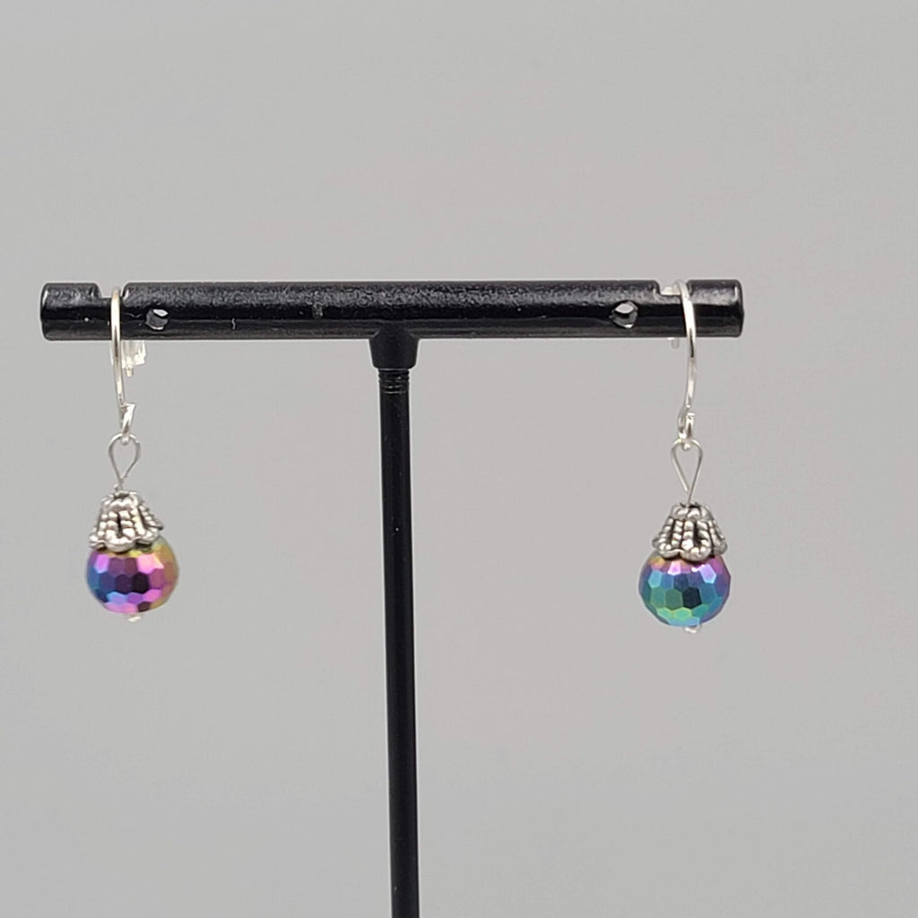 Rainbow Iridescent Sparkle Faceted Bead Dangle Pierced Earrings Silvertone 5/8"
