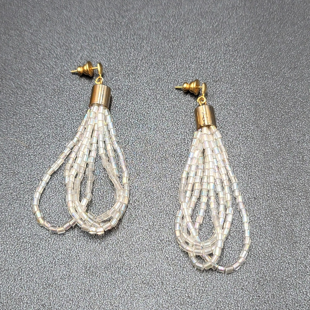 Pierced Earrings Gold tone AB White Clear Beads Dangle Loops 2.5"
