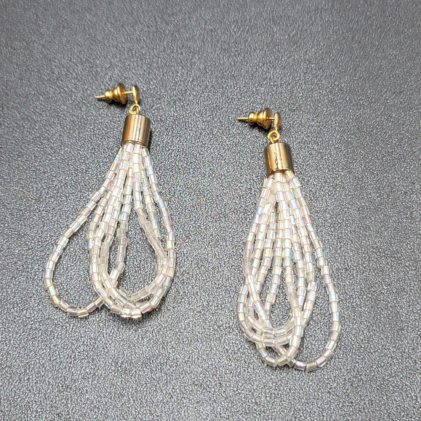 Pierced Earrings Gold tone AB White Clear Beads Dangle Loops 2.5"