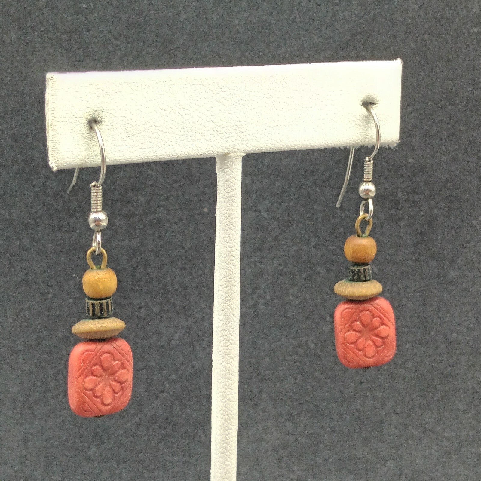 Pierced Earrings Silver tone Hook Red Plastic Flower Wood Bead Dangle 1"