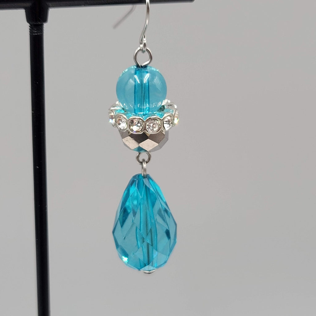 Pierced Earrings Silver tone Rhinestones Blue Faceted Acrylic Teardrop 1.75"