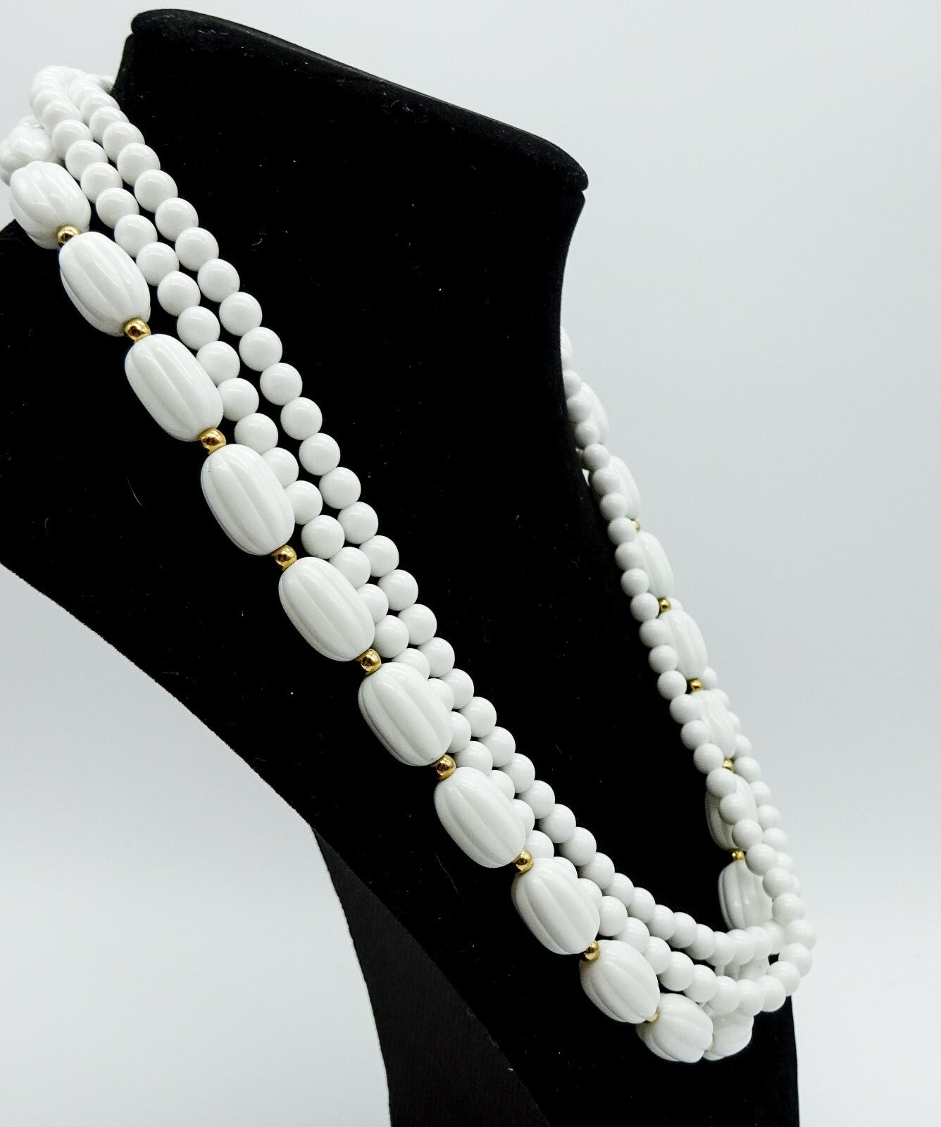Vintage Necklace White & Gold Bead Triple Strand Estate Costume Jewelry 18"