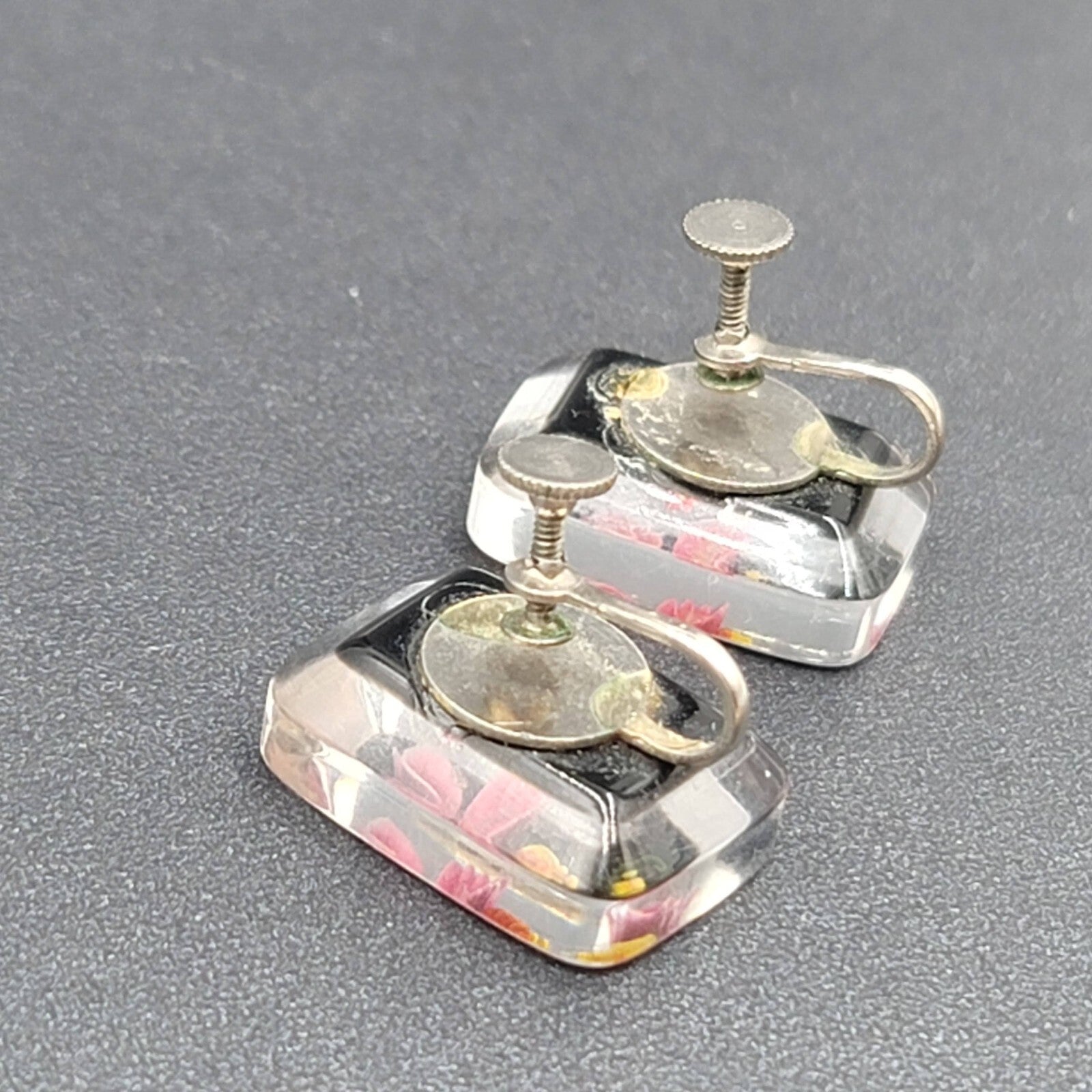 Vintage Clip on Earrings Reverse Carved Lucite Flower Drop 7/8"