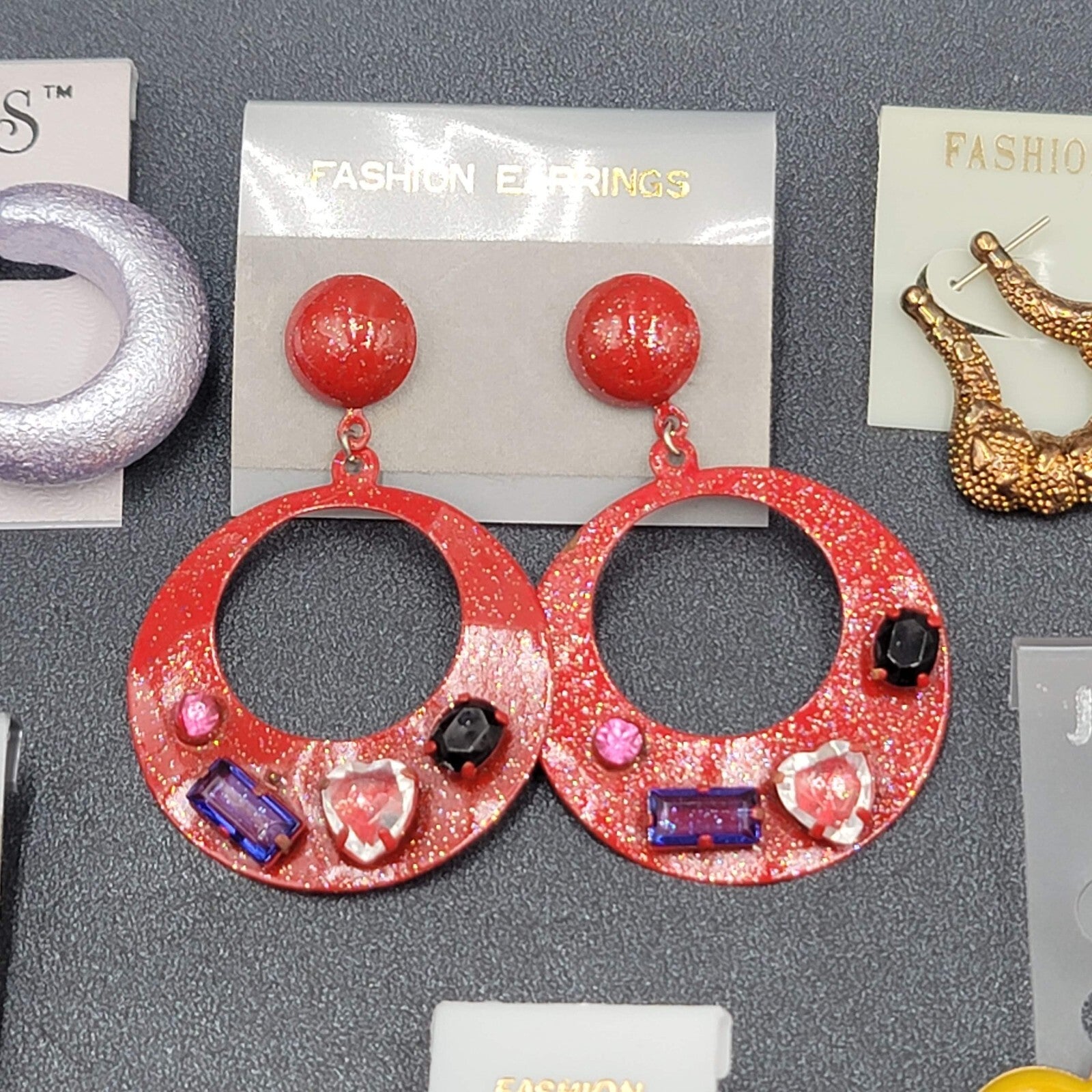 Vintage Lot of 9 NOS Pierced Earrings Enamel Heart Hoops Flower Gold tone