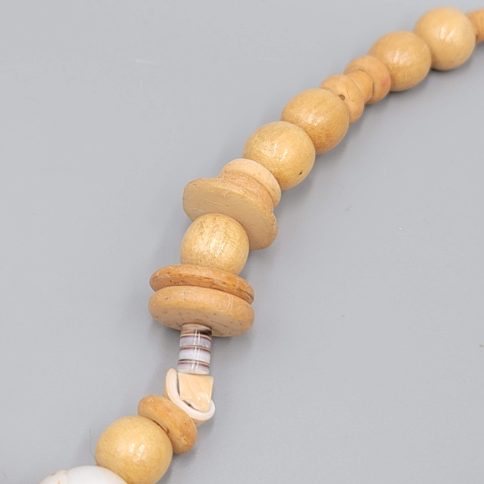 Vintage Necklace Wood Bead Shell Pieces LONG Unique Beach Summer 40"