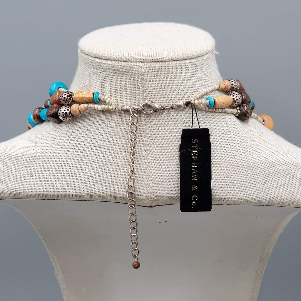 Stephan & Co Multi Strand Wooden Bead Necklace Silver Tone Boho Layered 18 Inch