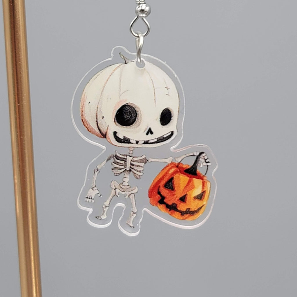 Halloween Trick or Treat Skeleton Pierced Earrings Silver tone Dangle 1.5 in