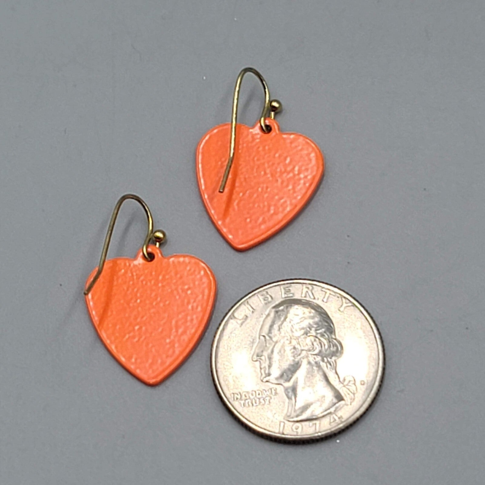 Orange Enamel Heart Pierced Earrings Dangle 3/4"