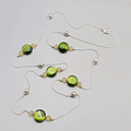 Green Cats Eye Glass Station Bead Necklace Silver tone Long 34"
