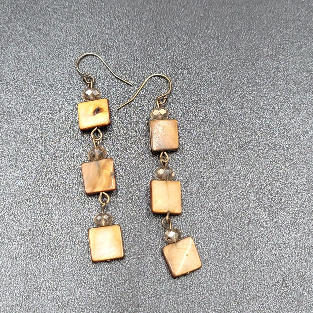 Pierced Earrings Brown Square Seashell Beads Dangle 2 3/8"