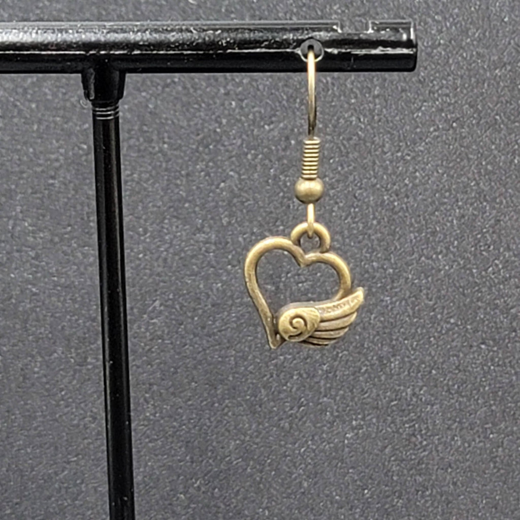 Pierced Earrings Bronze tone Open Winged Heart Dainty Dangle 1/2"