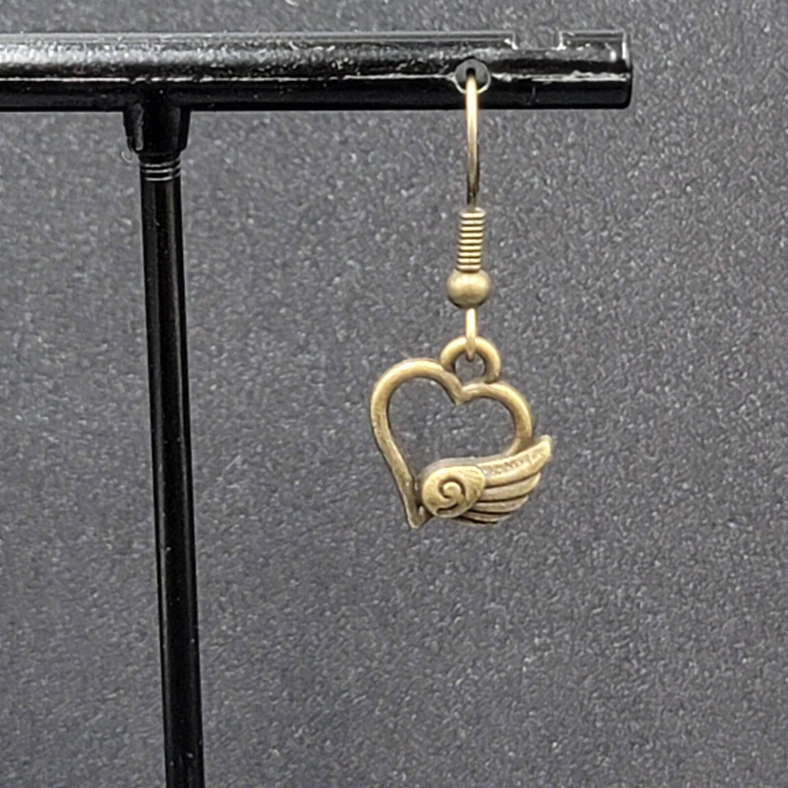 Pierced Earrings Bronze tone Open Winged Heart Dainty Dangle 1/2"