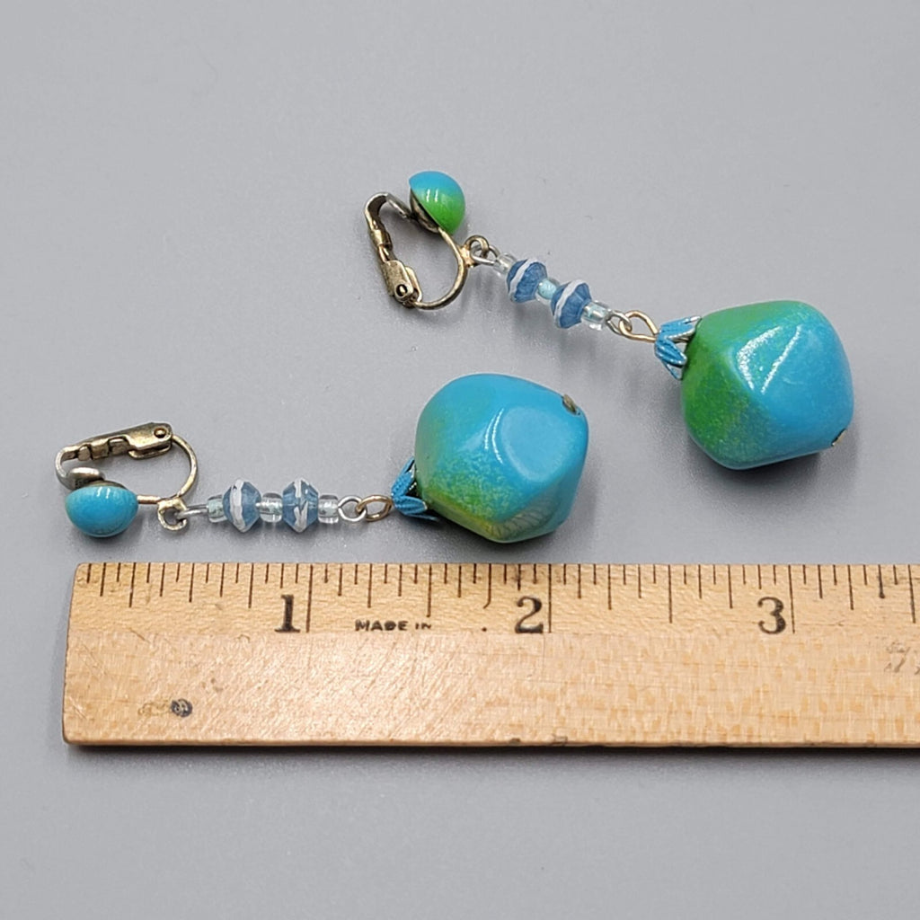 Vintage Green Blue Dangle Bead Clip on Earrings 2.25"