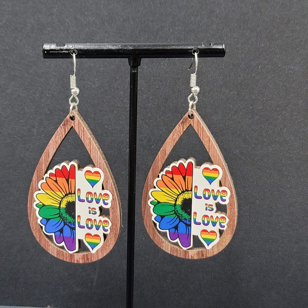 New PRIDE Love is Love Pierced Earrings Rainbow Wood Teardrop Dangle 2.25"