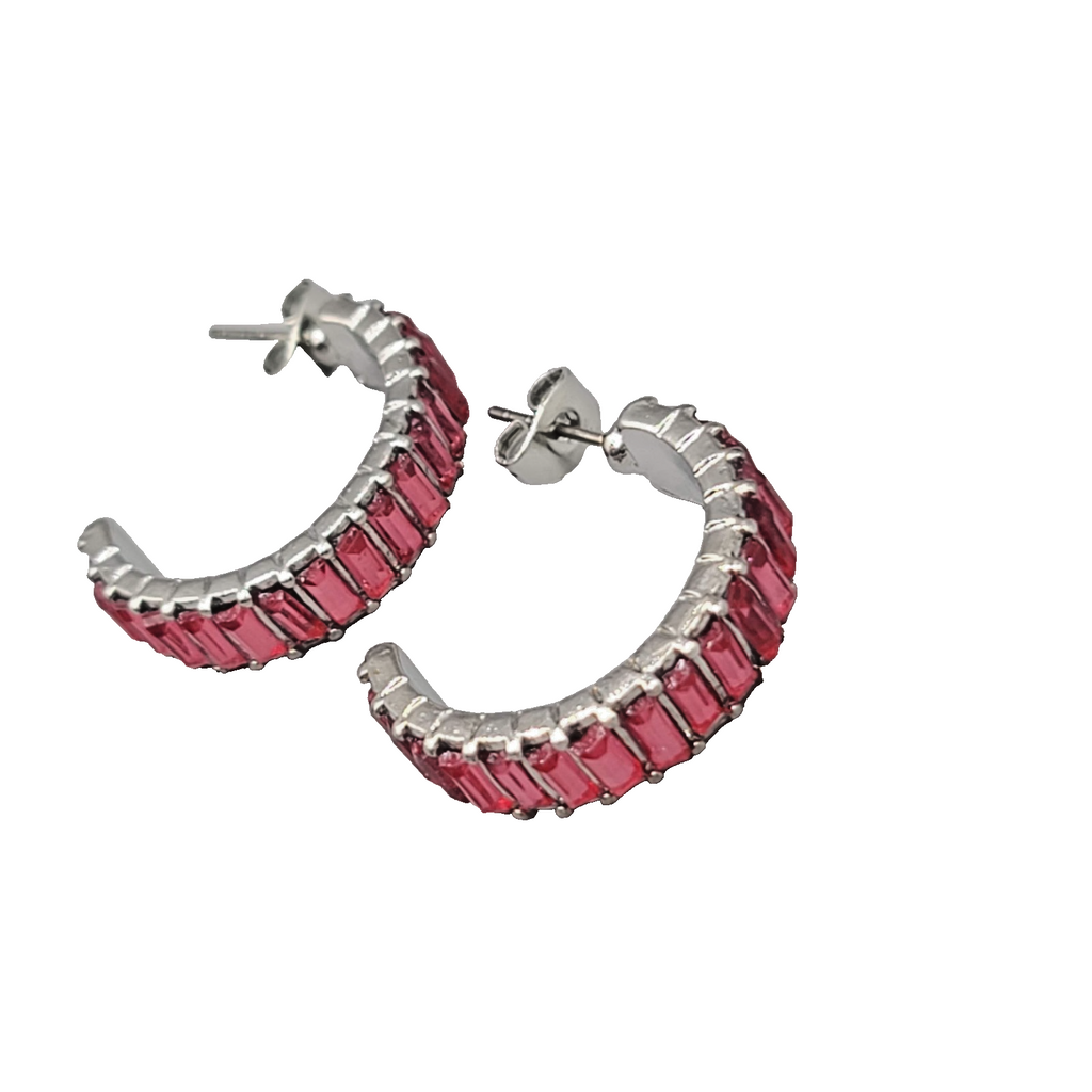 Pink Crystal Baguette Hoops Pierced Earrings Silver tone 7/8 in