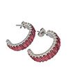 Pink Crystal Baguette Hoops Pierced Earrings Silver tone 7/8 in