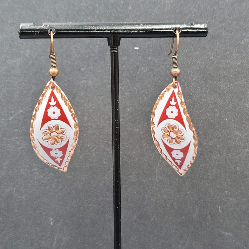 Pierced Earrings Copper Laser Cut Red White Design Dangle 1.5"