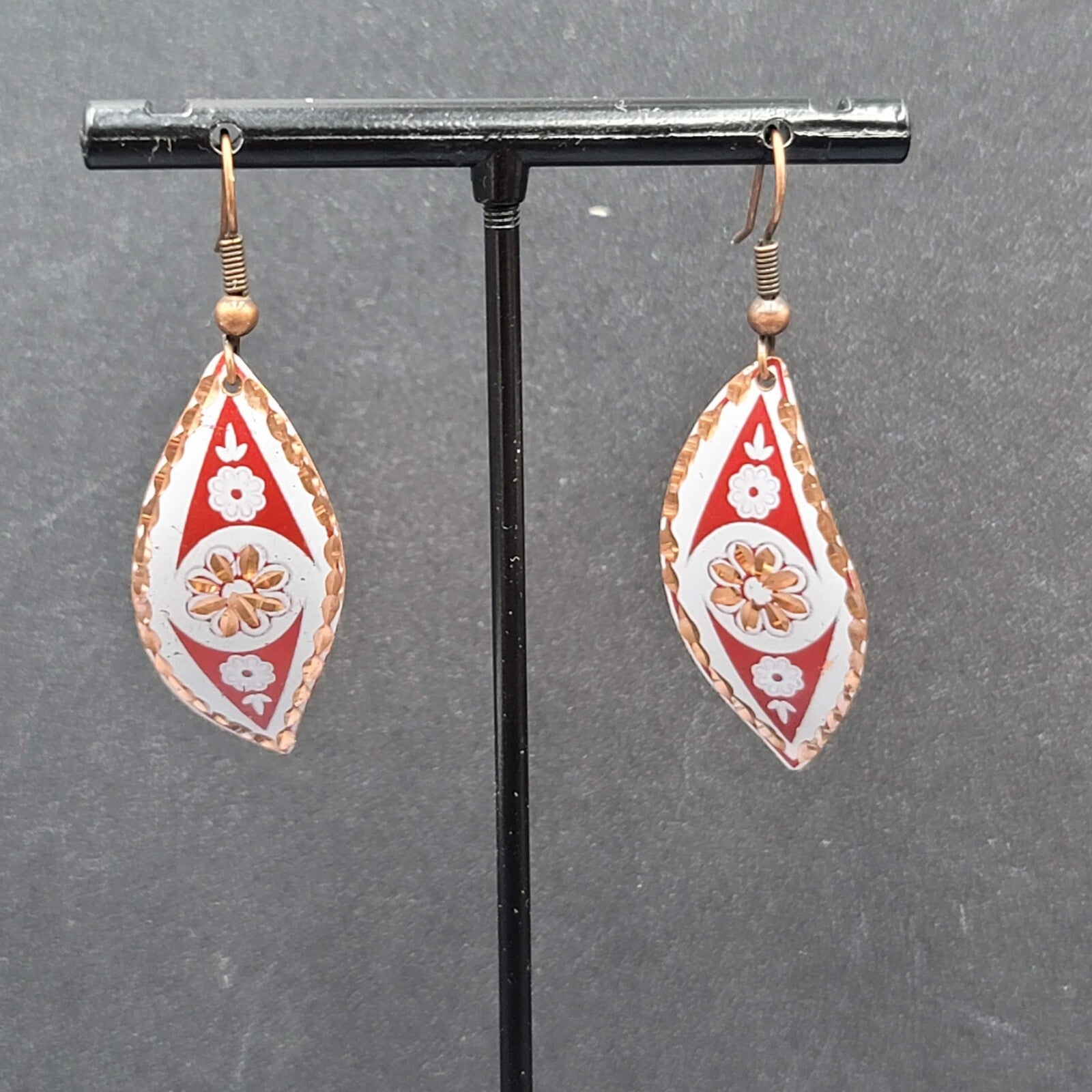 Pierced Earrings Copper Laser Cut Red White Design Dangle 1.5"