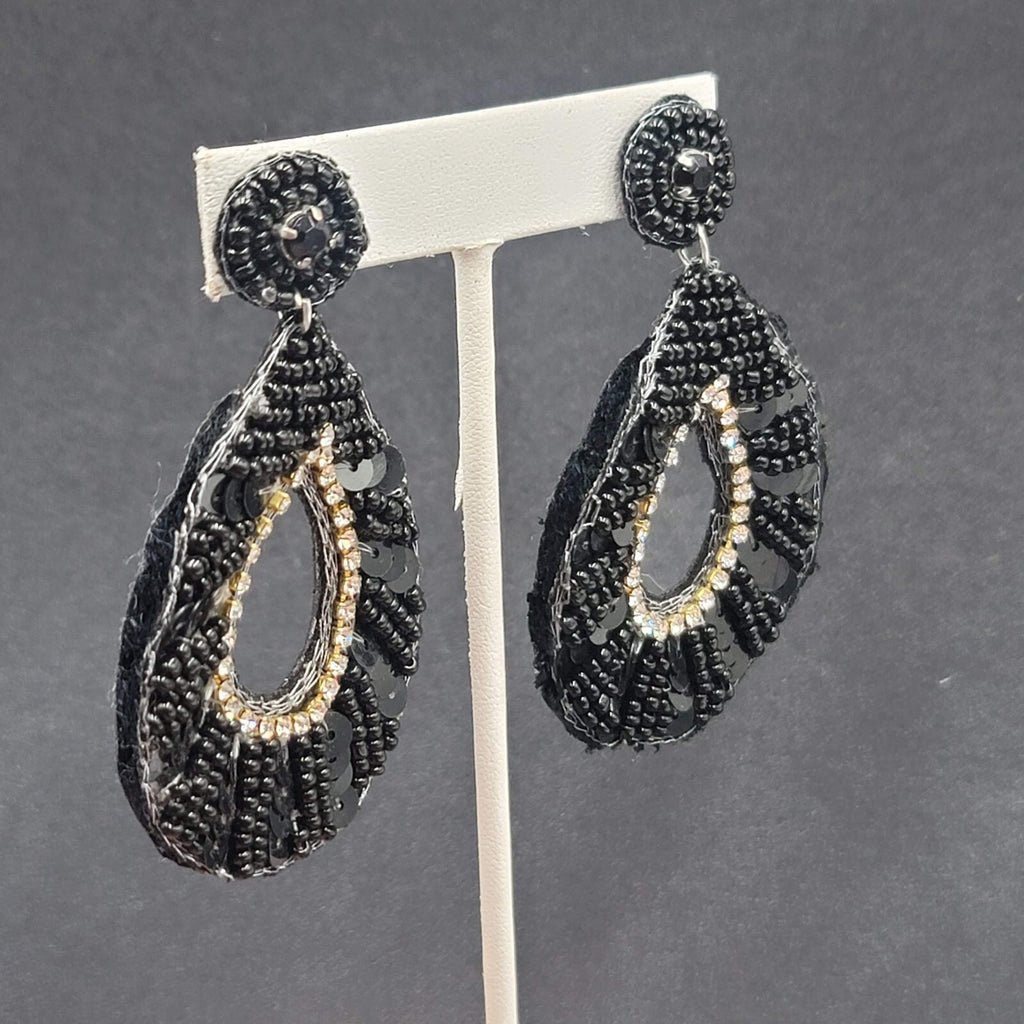 Pierced Earrings Black Felt Seed Beaded Rhinestone Runway Dangle 3"