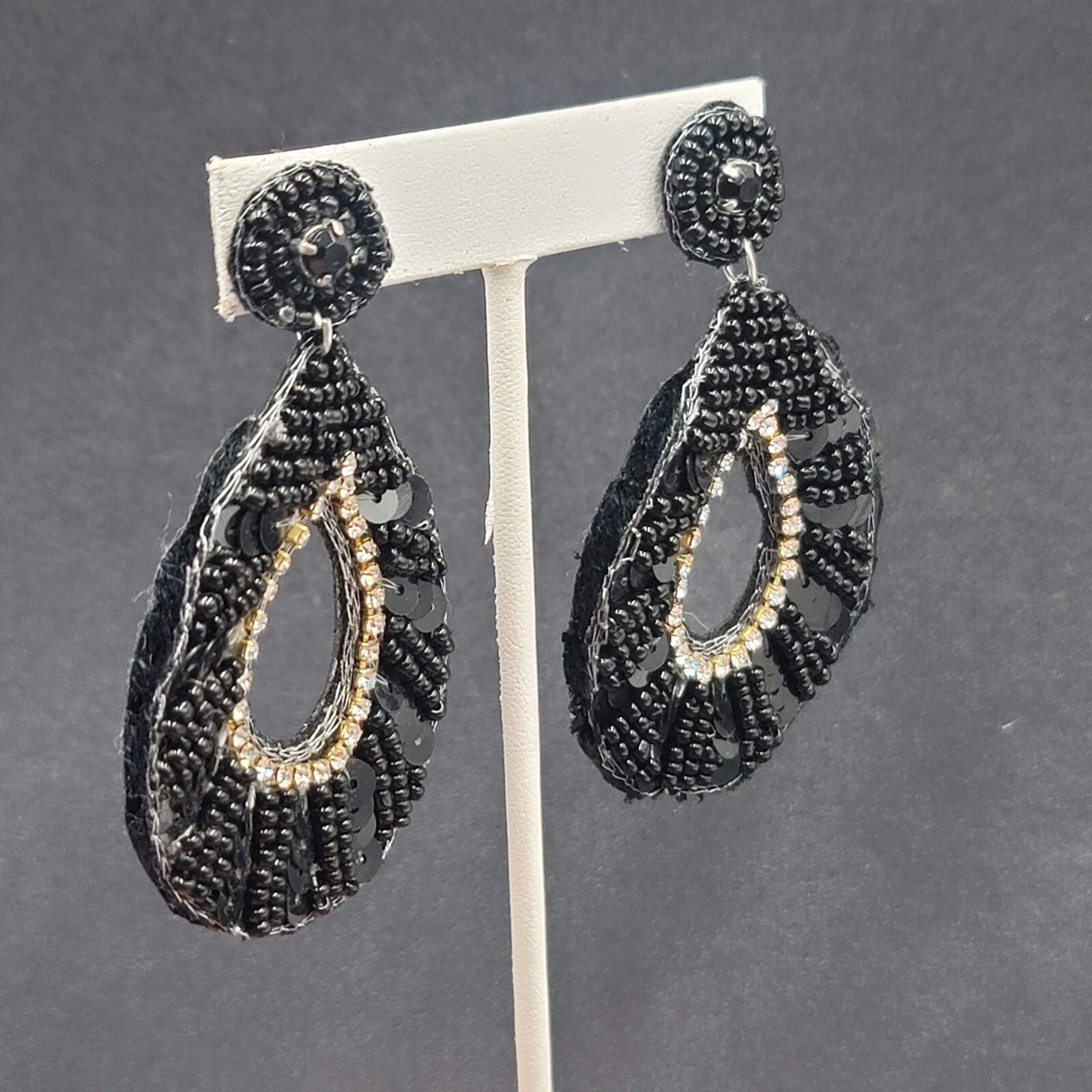 Pierced Earrings Black Felt Seed Beaded Rhinestone Runway Dangle 3"