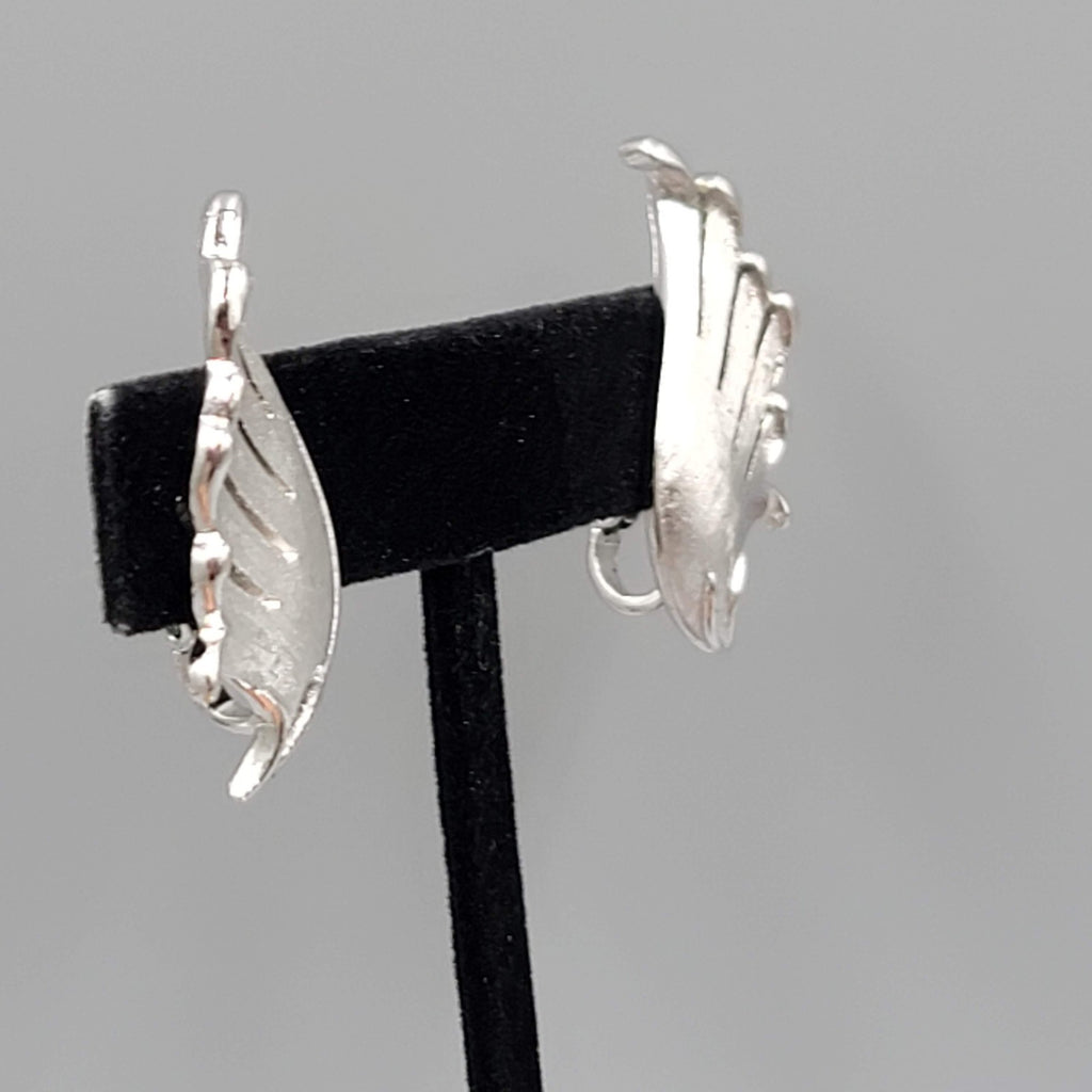 Vintage Trifari Clip on Earrings Silver Plated Leaf Climber 1.25"