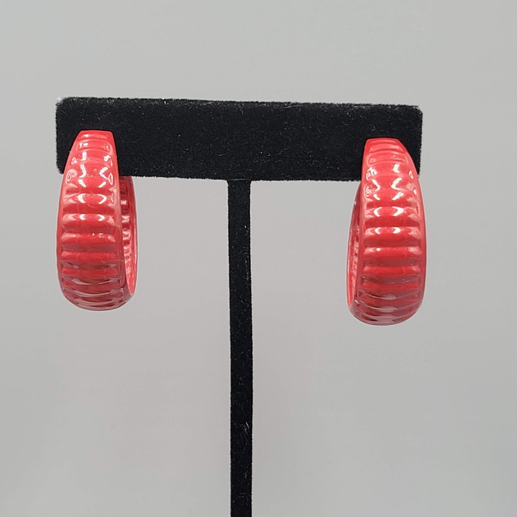 Vintage Pierced Earrings Red Enamel Ribbed Hoops 1.25"