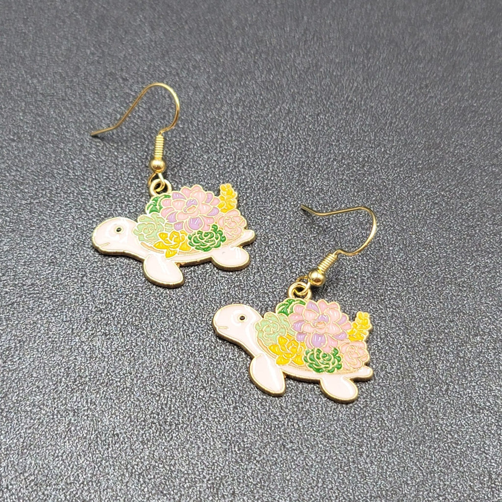 Turtle Pierced Earrings Gold tone Enamel Flowers Dangle 3/4"