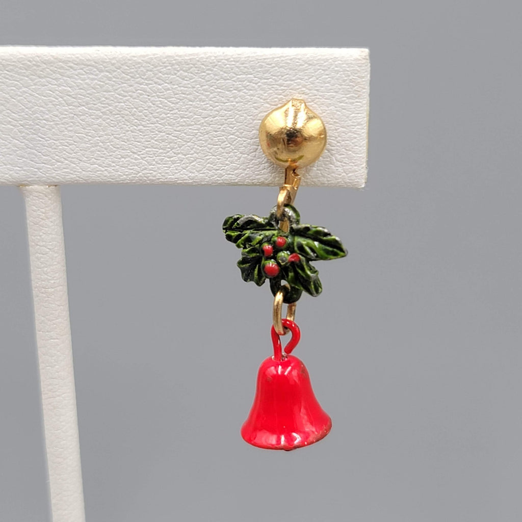 Vintage Christmas Clip on Earrings Gold tone Dangle Holly Jingle Bells 1.25 in