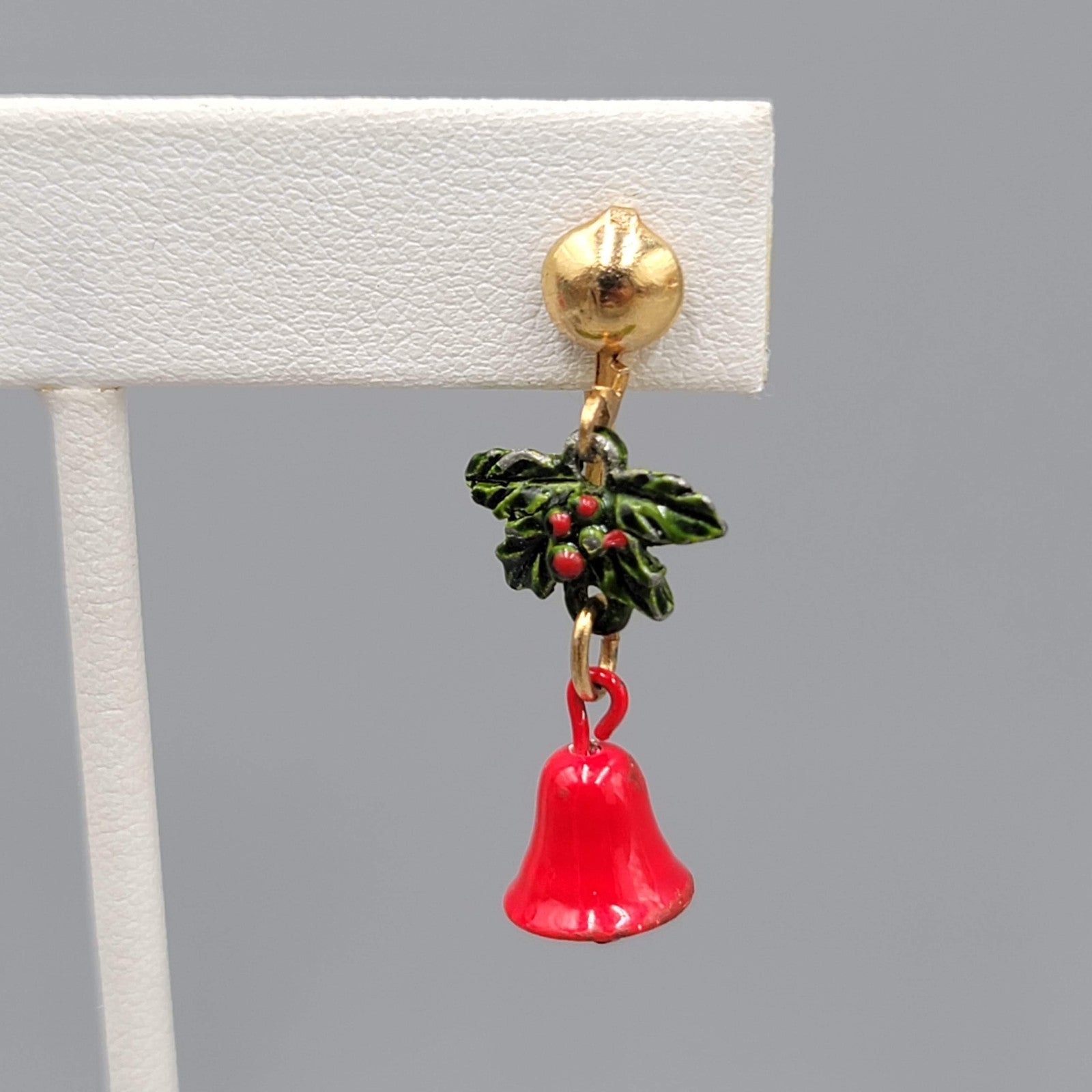 Vintage Christmas Clip on Earrings Gold tone Dangle Holly Jingle Bells 1.25 in