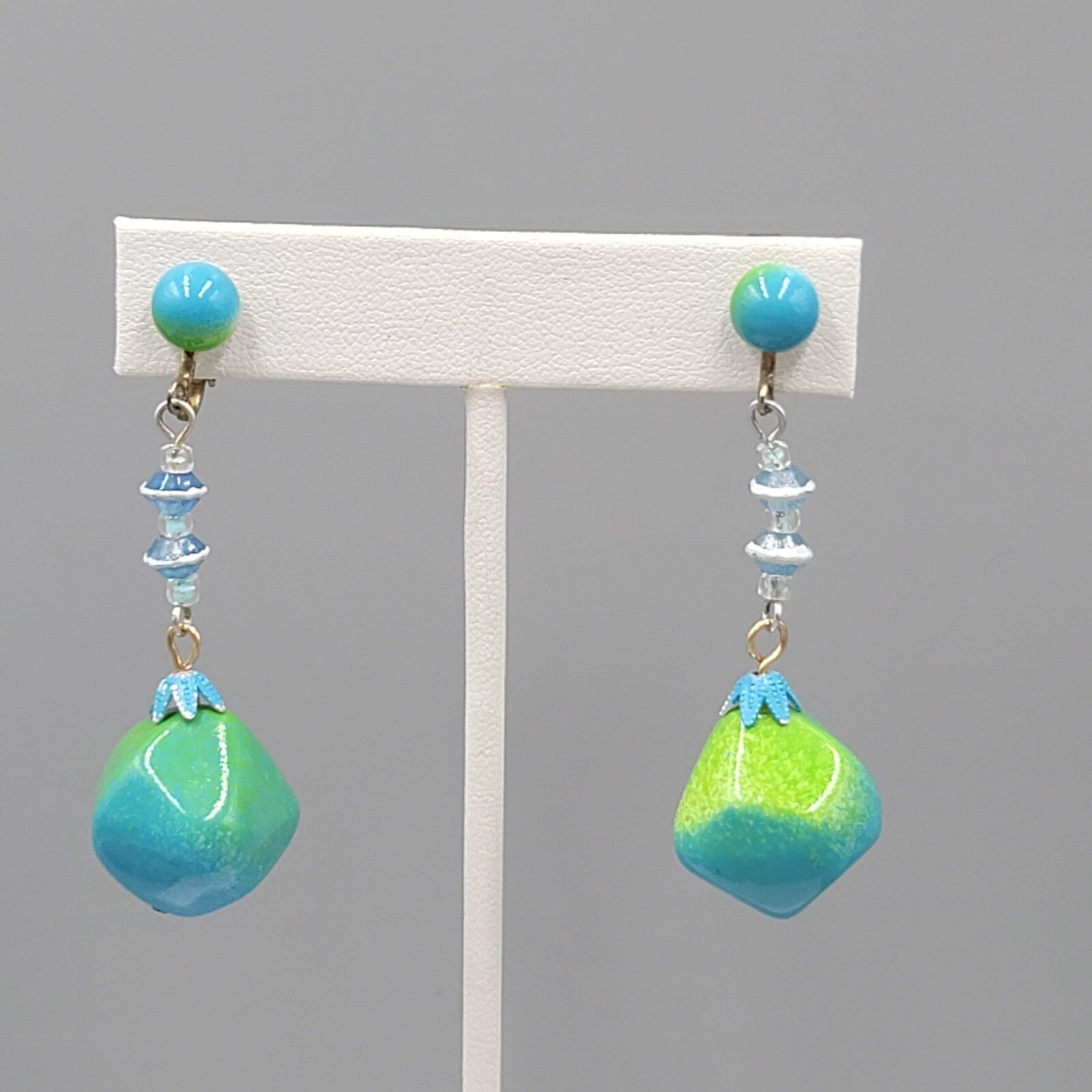 Vintage Green Blue Dangle Bead Clip on Earrings 2.25"