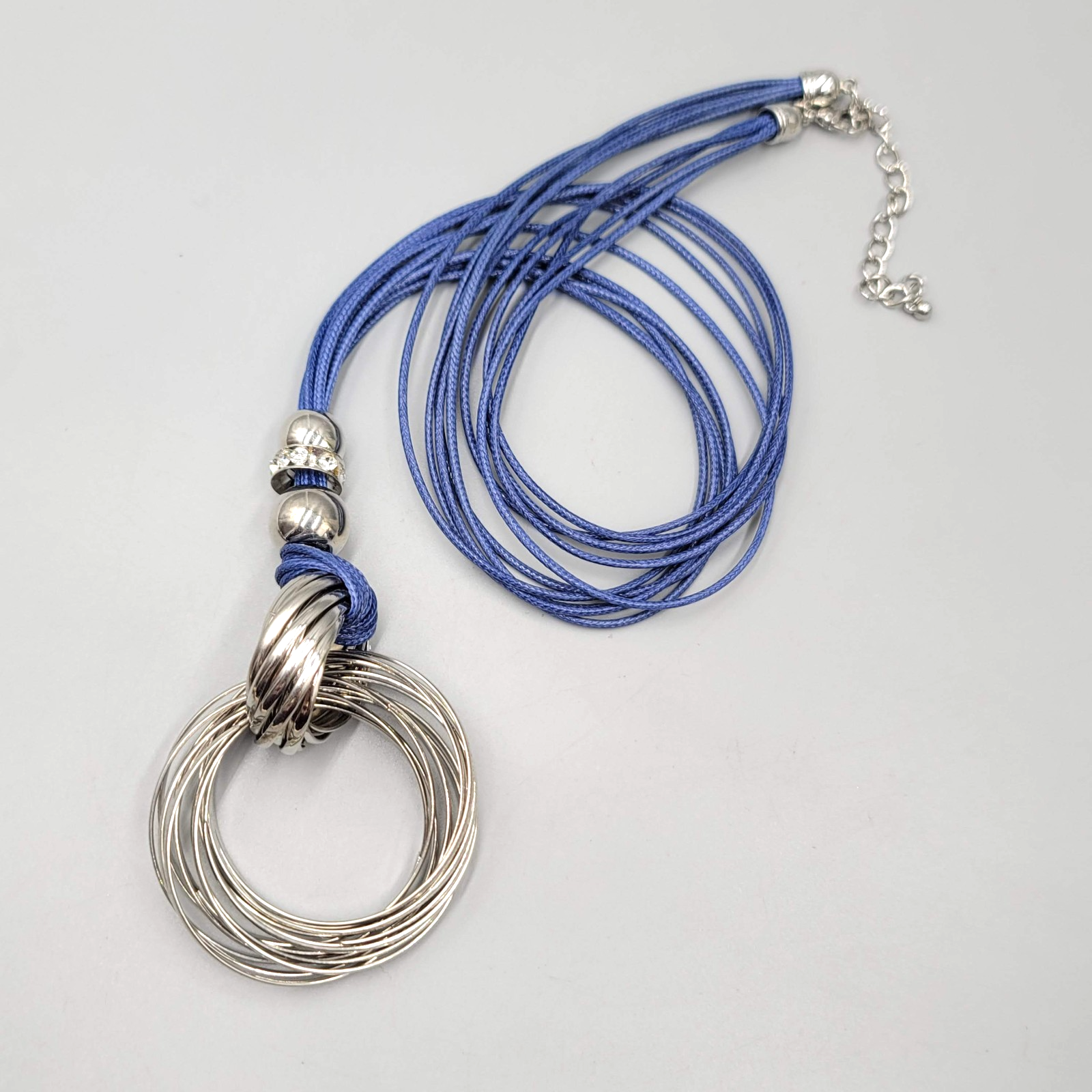 Long Necklace Blue Cord Silver tone Rhinestones 28"