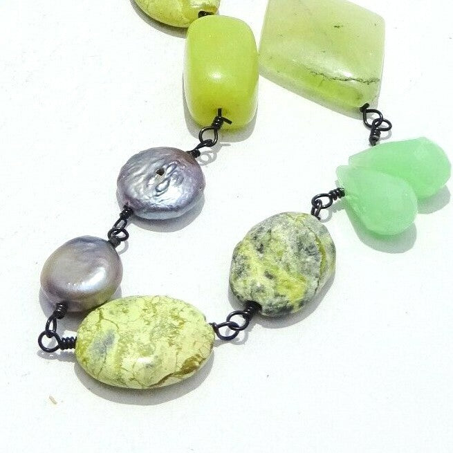 Jasper Aventurine Pearl Gemstone Bead Necklace 30" Adjustable