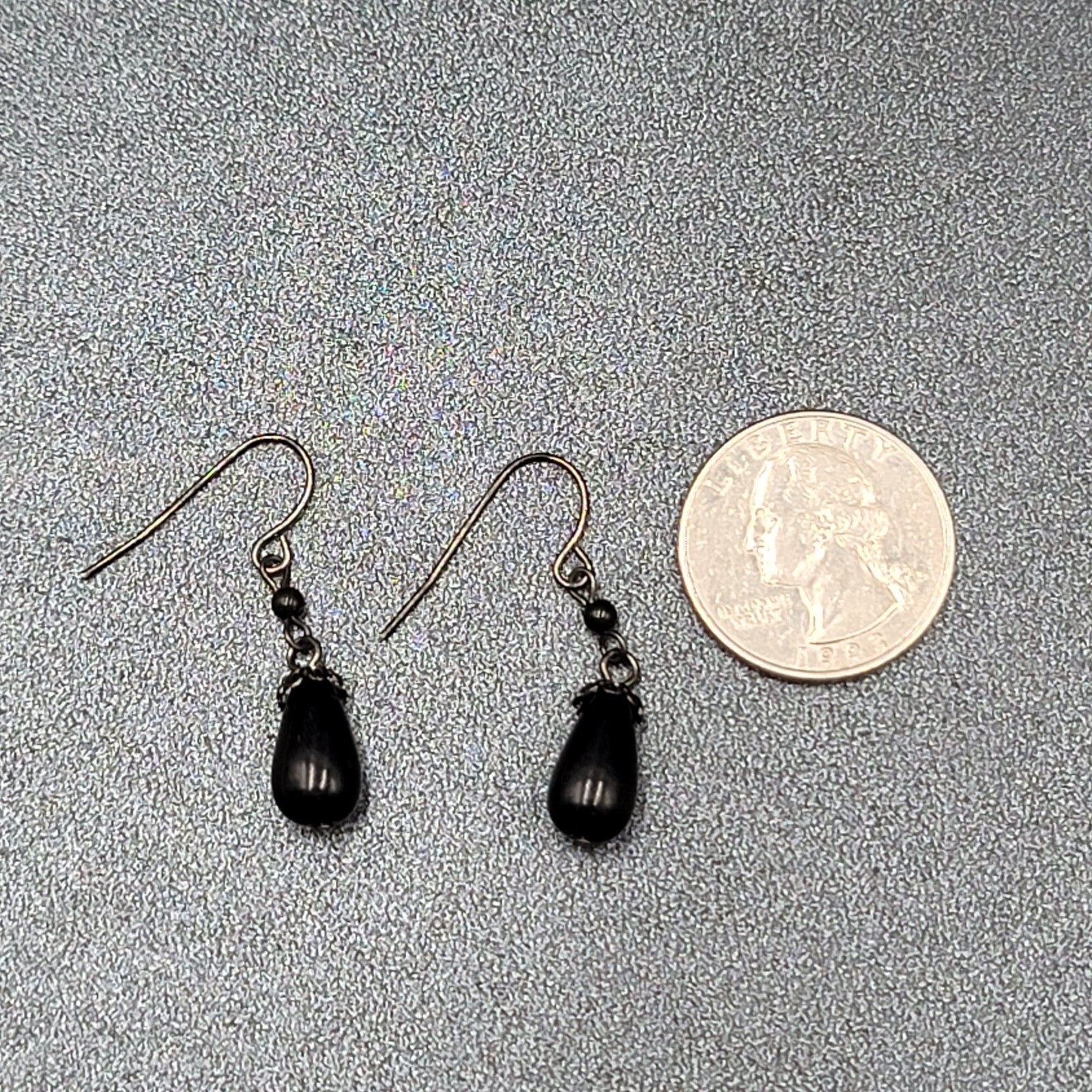 Pierced Earrings Black Metal Capped Teardrop Bead 3/4"
