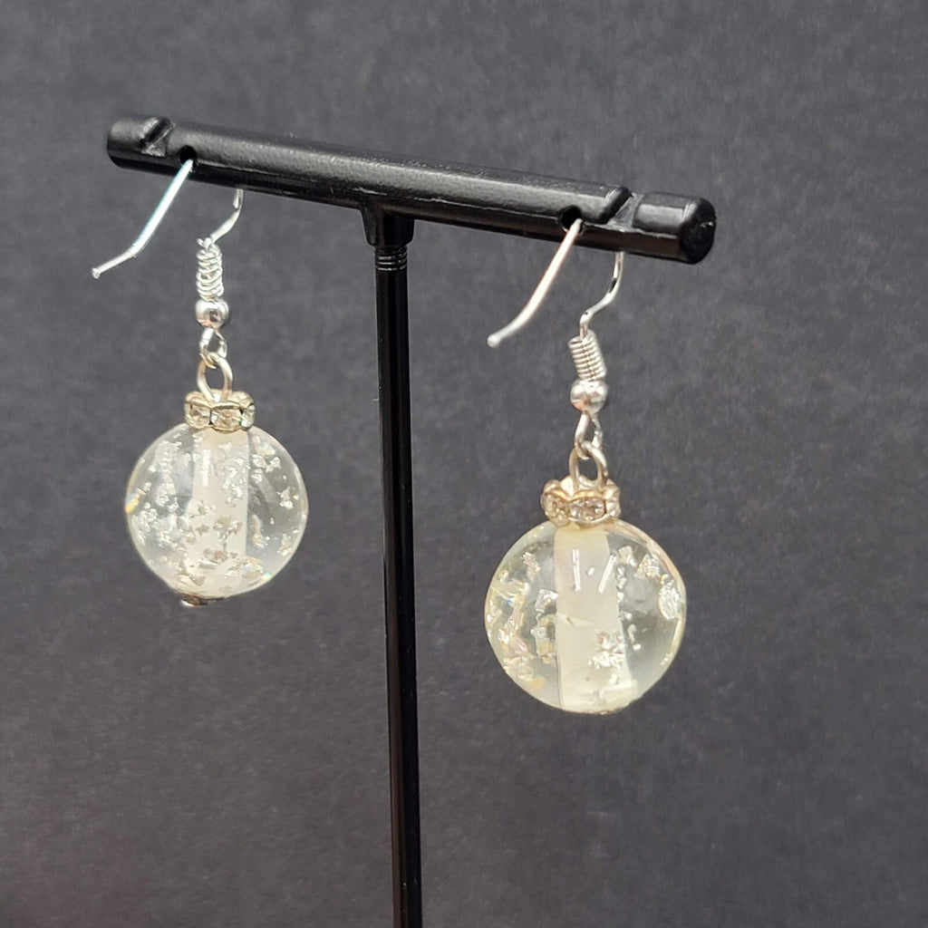 Pierced Earrings Silver tone Acrylic Clear Silver Glitter Bead 3/4"