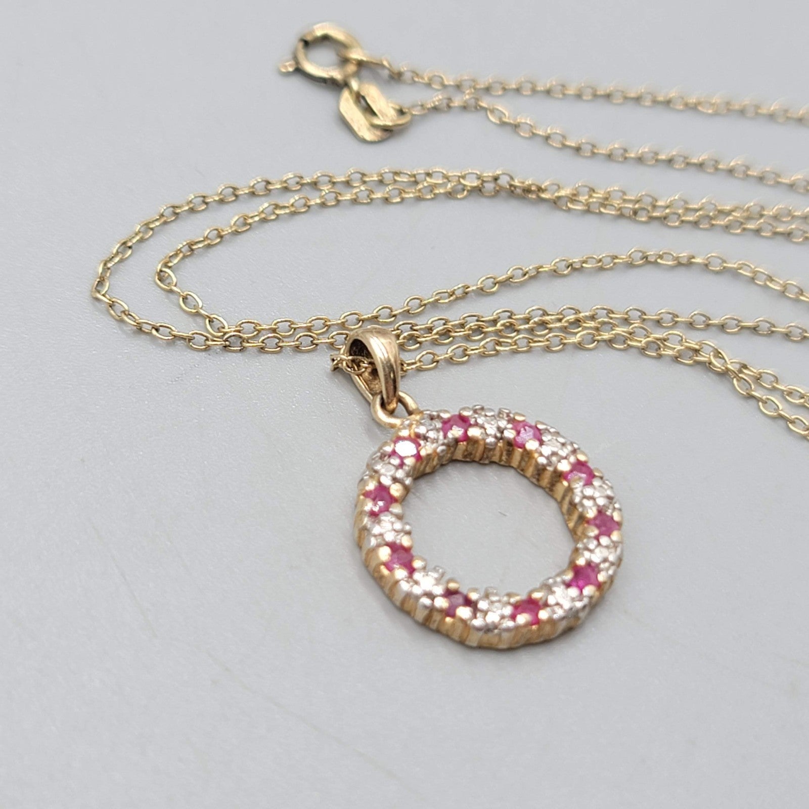 Gold Plated Sterling Silver Open Circle Pendant Diamond Ruby Chips Necklace 18"