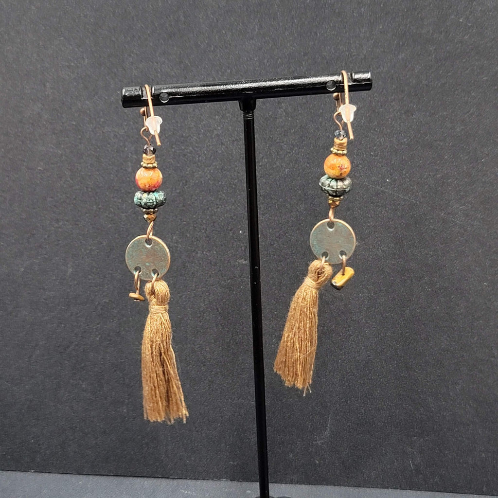 New Boho Pierced Earrings Long Copper tone Brown Tassel Beaded 3"