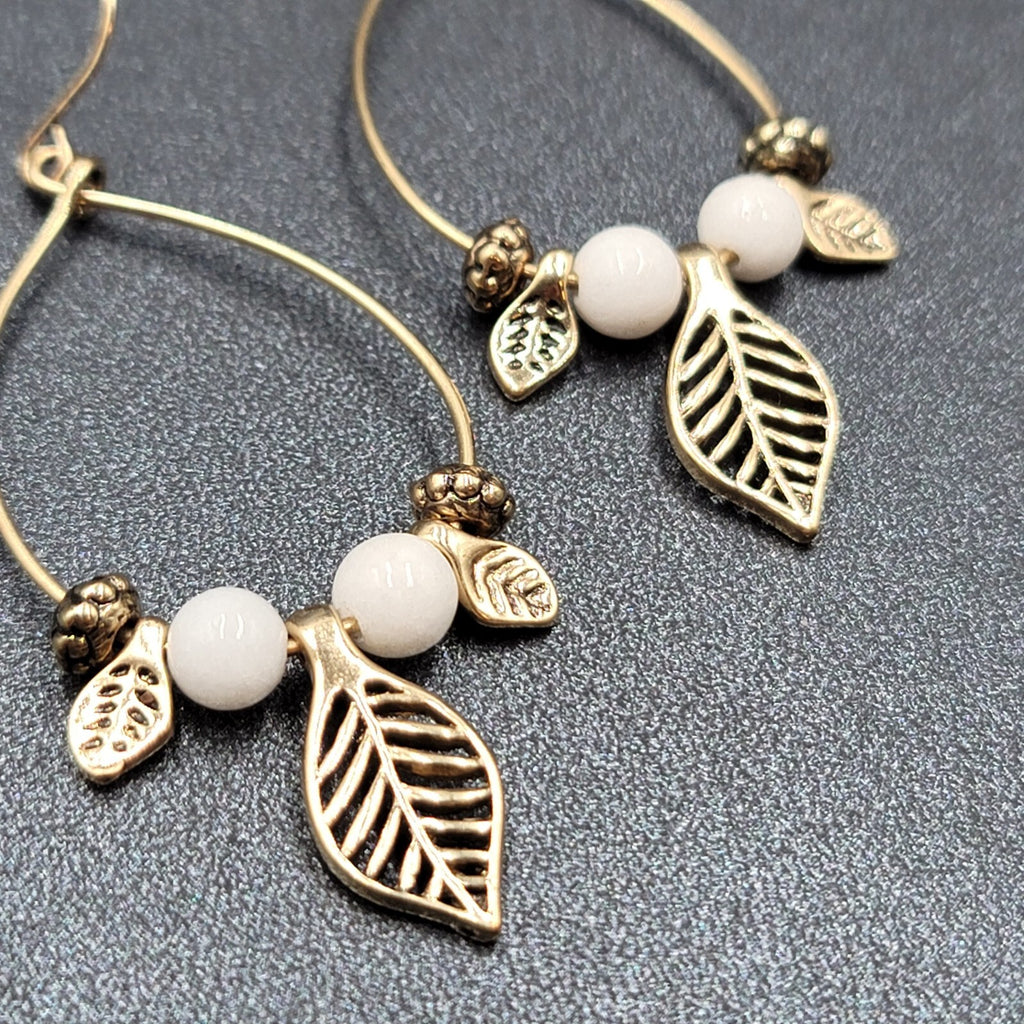 Pierced Earrings Gold tone White Bead Dangle Leaf Hoops 2.25"