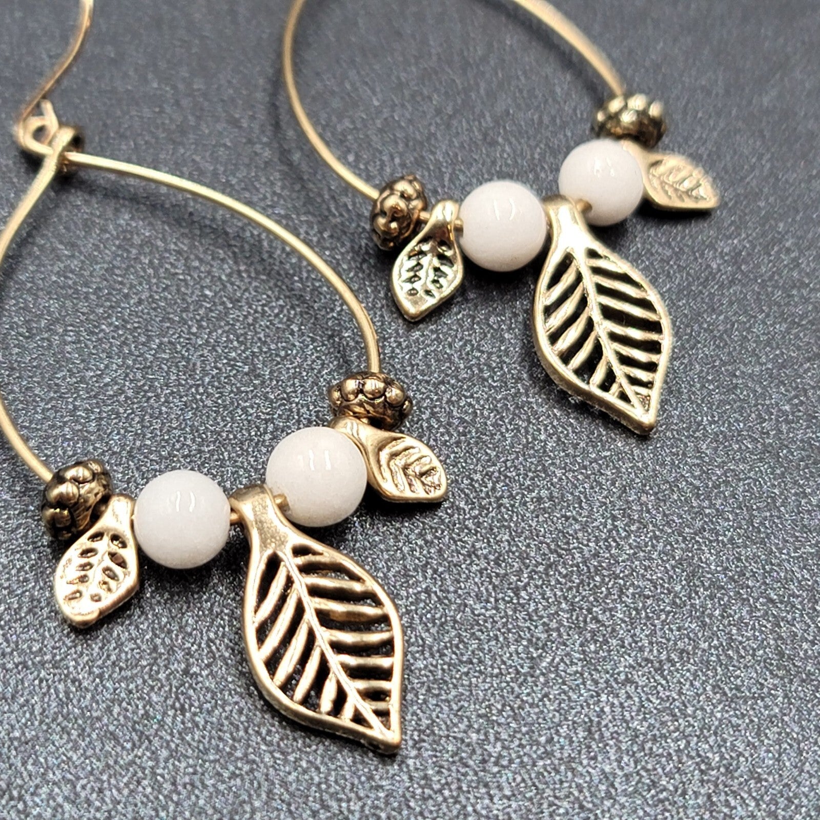 Pierced Earrings Gold tone White Bead Dangle Leaf Hoops 2.25"
