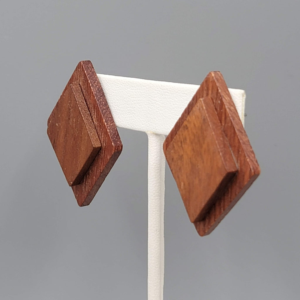 Vintage Wood Statement Pierced Earrings Drop 1 5/8"