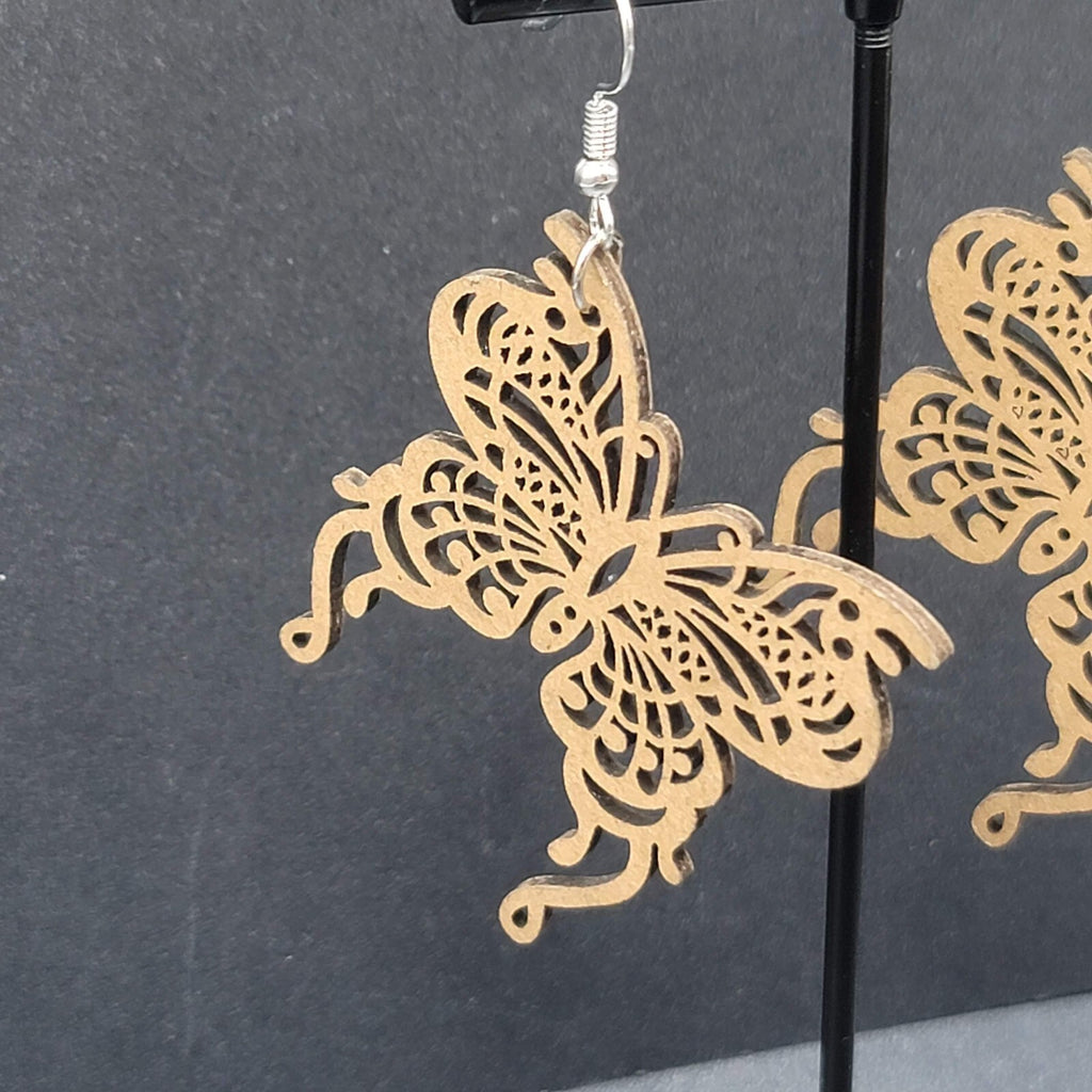 Butterfly Pierced Earrings Laser Cut Wood Dangle Statement 1.75"
